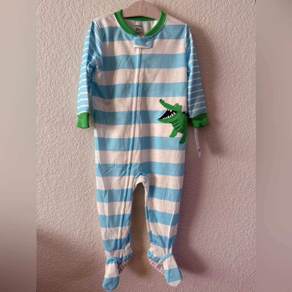 Carter's Blue and Green Striped Footie with Crocodile
